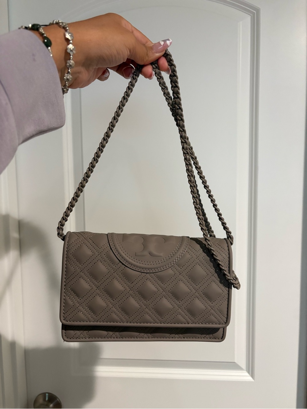 Tory Burch Fleming Quilted Taupe Chain Crossbody Bag
